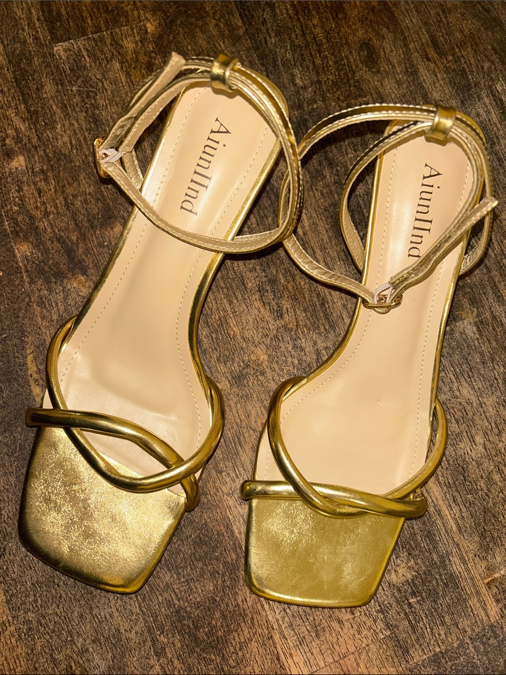 Gold Metallic Strappy Ankle-Heel Sandals